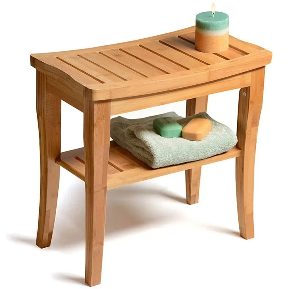 Sgabello da Bagno bambu Naturale con Panca Ripiano Portaoggetti bamboo