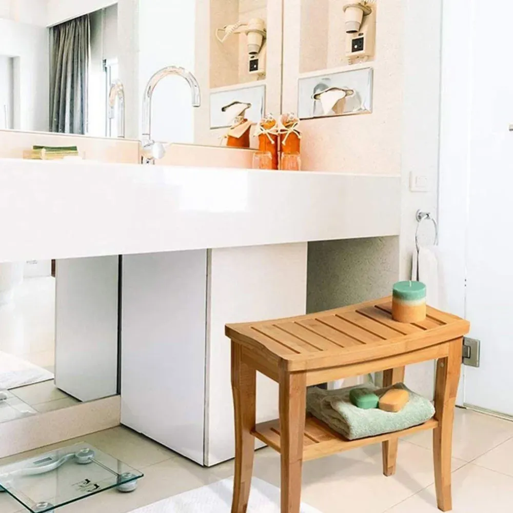 Sgabello da Bagno bambu Naturale con Panca Ripiano Portaoggetti bamboo