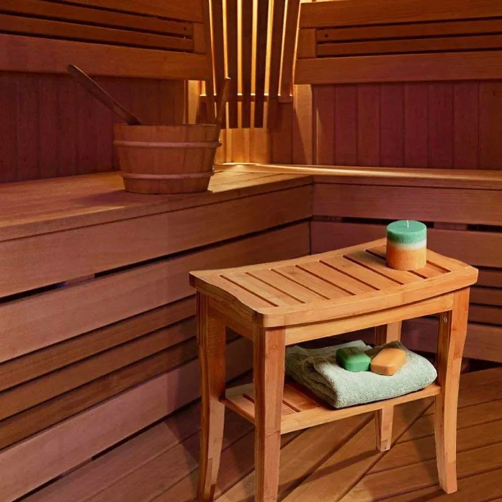 Sgabello da Bagno bambu Naturale con Panca Ripiano Portaoggetti bamboo