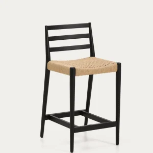Sgabello bar Analy schienale legno massello di rovere con finitura nera e seduta corda 65