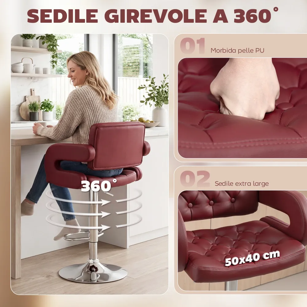 Sgabello da Bar con Schienale e Braccioli Altezza Regolabile e Poggiapiedi Finta Pelle Rosso
