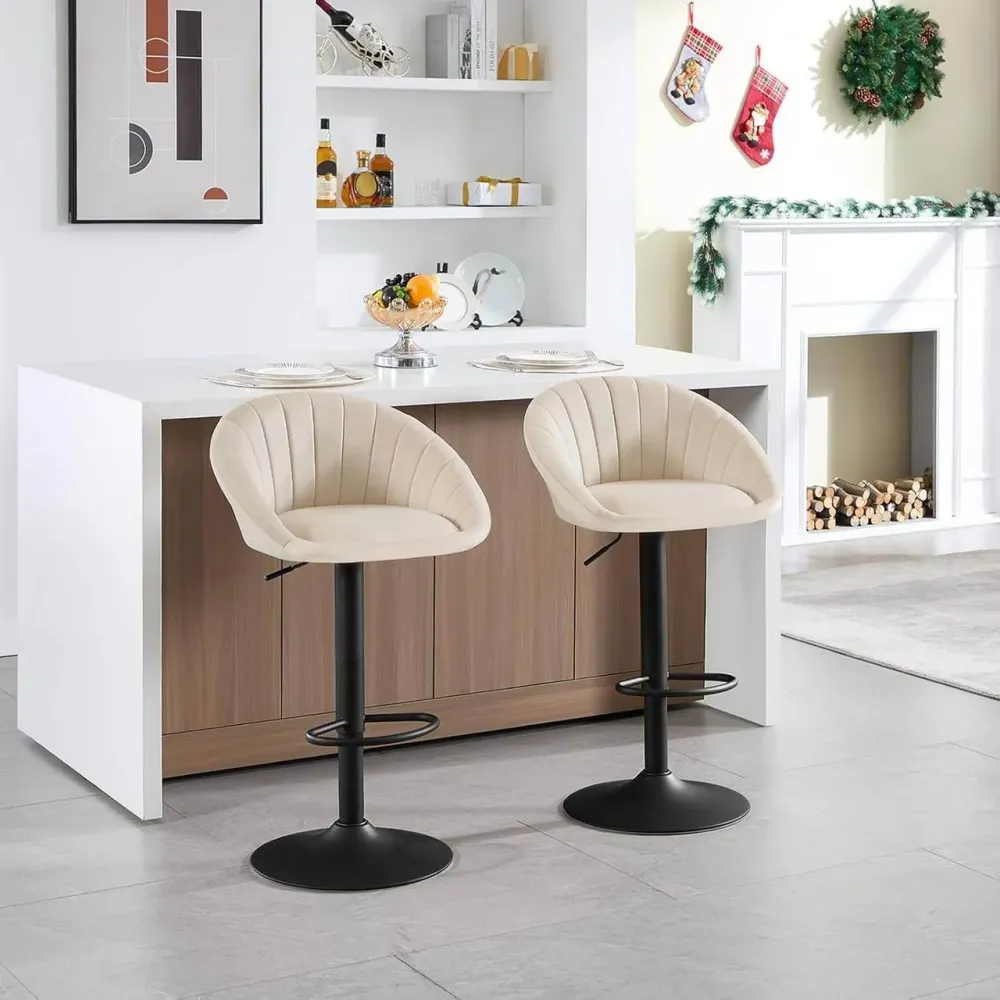 Sgabello da bar girevole regolabile altezza con schienale velluto metallo beige
