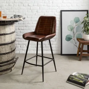 Sgabello da bar IRON LABEL, vera pelle e acciaio, 52x57x108 - marrone