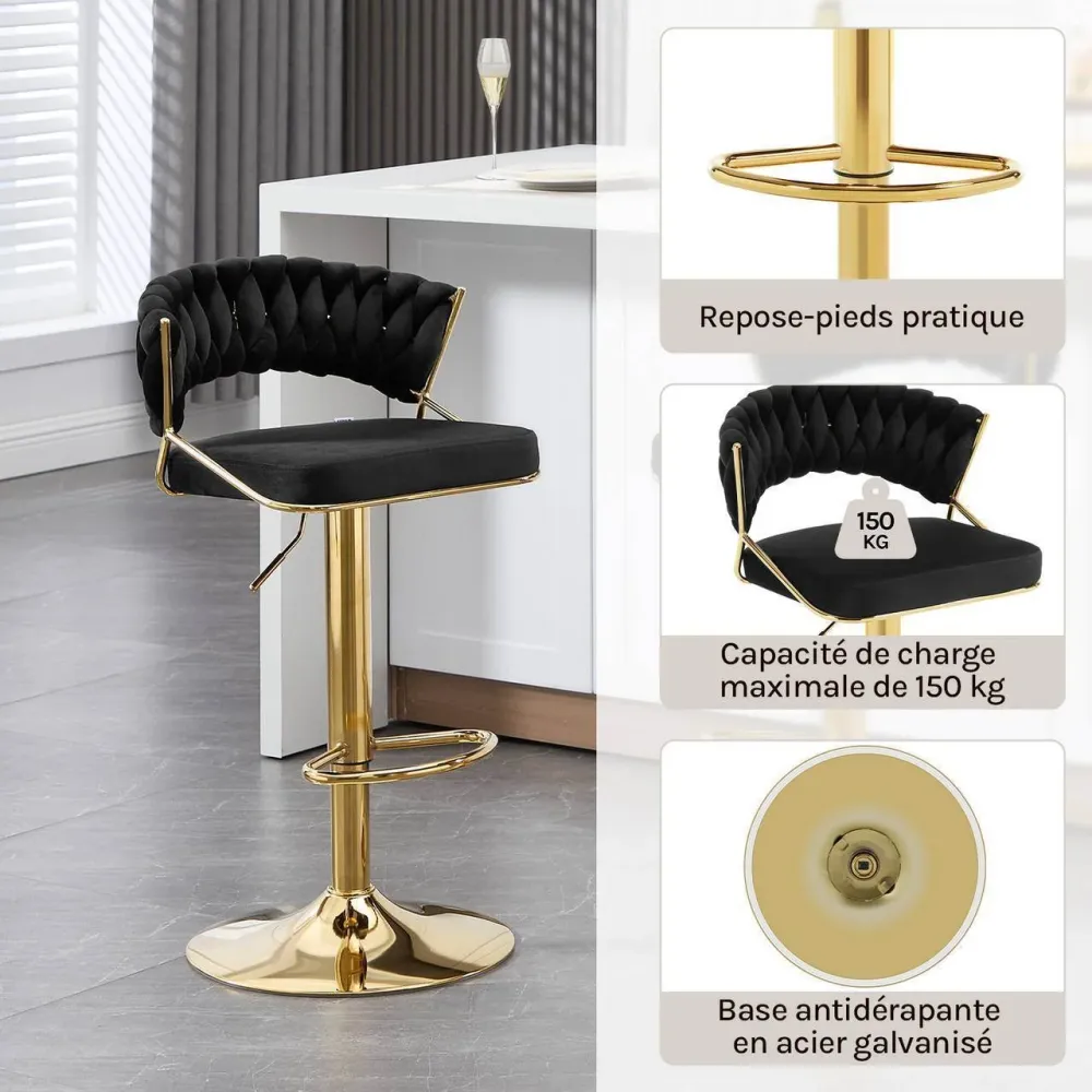 Sgabello da bar regolabile altezza velluto metallo oro nero