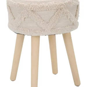 Sgabello basso tondo imbottito rivestito tessuto lavorato piedi legno cm 32x41h