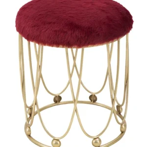 Sgabello basso tondo moderno metallo e tessuto pelo lungo colore bordeaux cm Ø 40x46h