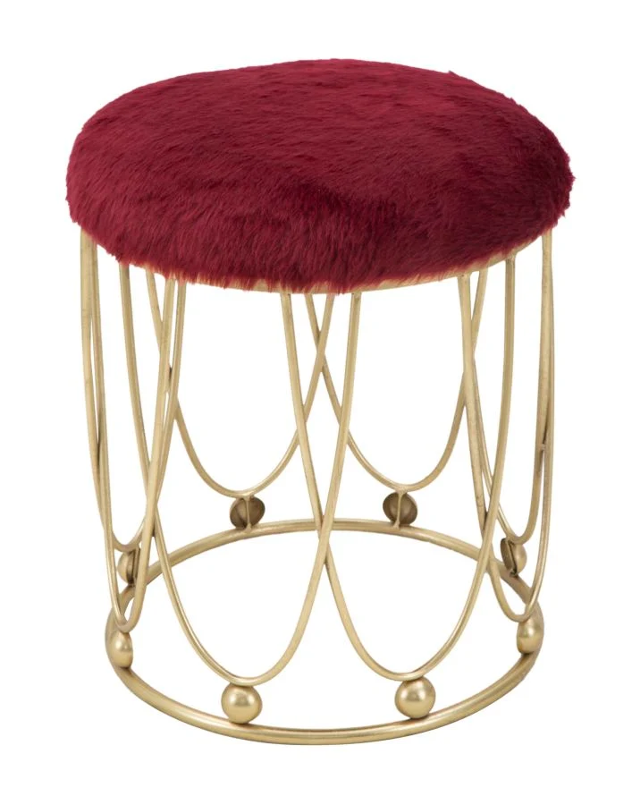 Sgabello basso tondo moderno metallo e tessuto pelo lungo colore bordeaux cm Ø 40x46h