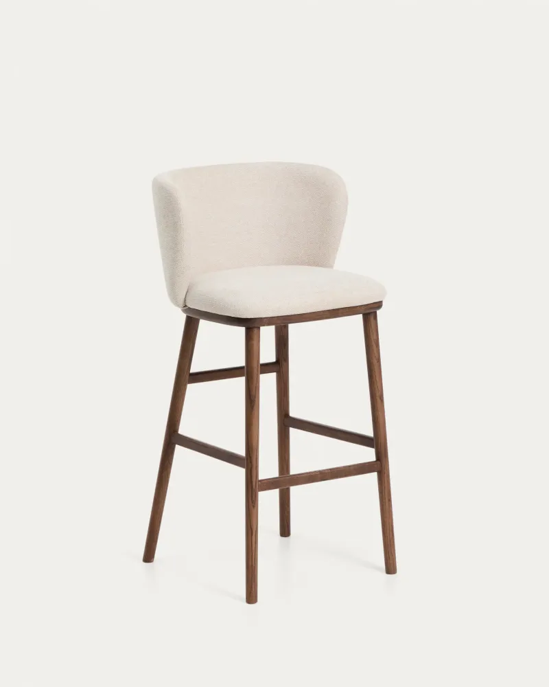 Sgabello Ciselia ciniglia beige con gambe legno massello di frassino finitura noce, FSC Mix Credit, 75 cm
