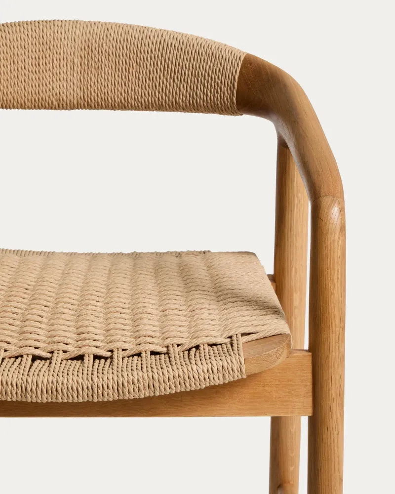 Sgabello Derile legno massello di rovere con finitura color naturale e corda di carta beige FSC 100% 65 cm