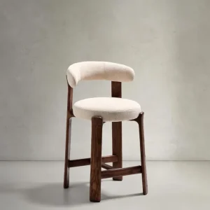 Sgabello granito fatto di beige chenille e legno di cenere solido con legno di noce