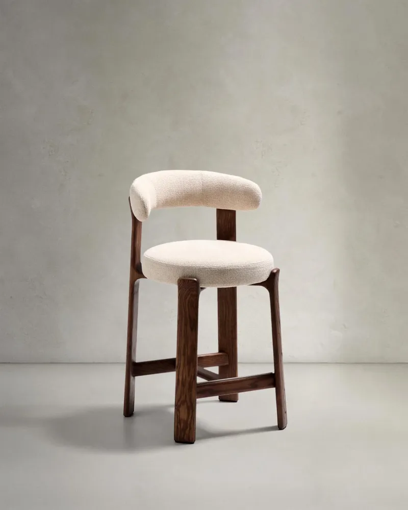 Sgabello granito fatto di beige chenille e legno di cenere solido con legno di noce