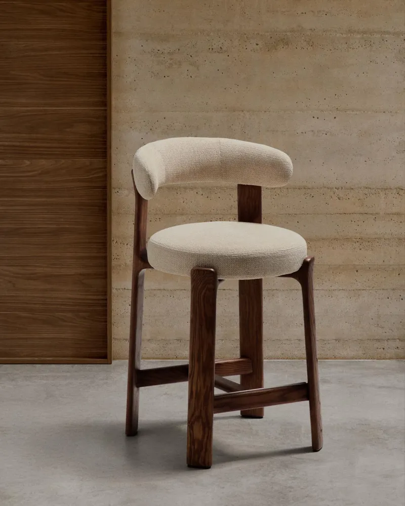 Sgabello granito fatto di beige chenille e legno di cenere solido con legno di noce
