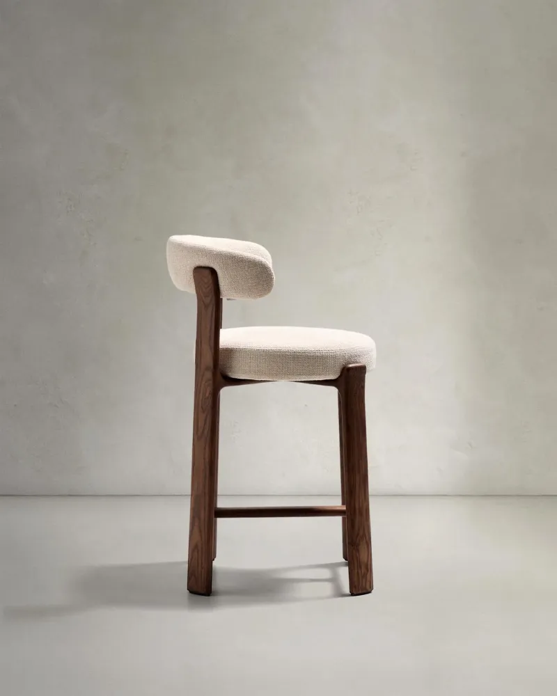 Sgabello granito fatto di beige chenille e legno di cenere solido con legno di noce