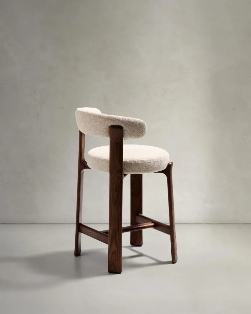 Sgabello granito fatto di beige chenille e legno di cenere solido con legno di noce