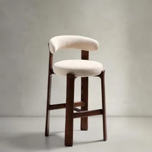 Sgabello granito fatto di beige chenille e legno di cenere solido con legno di noce