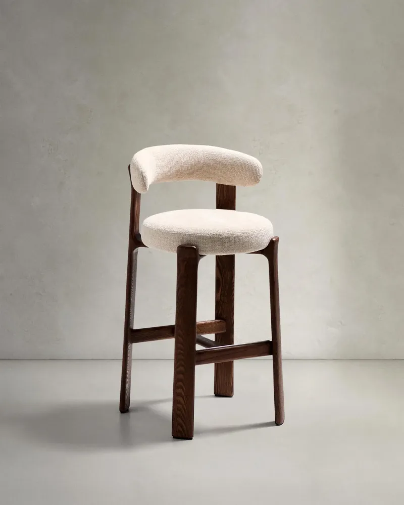 Sgabello granito fatto di beige chenille e legno di cenere solido con legno di noce