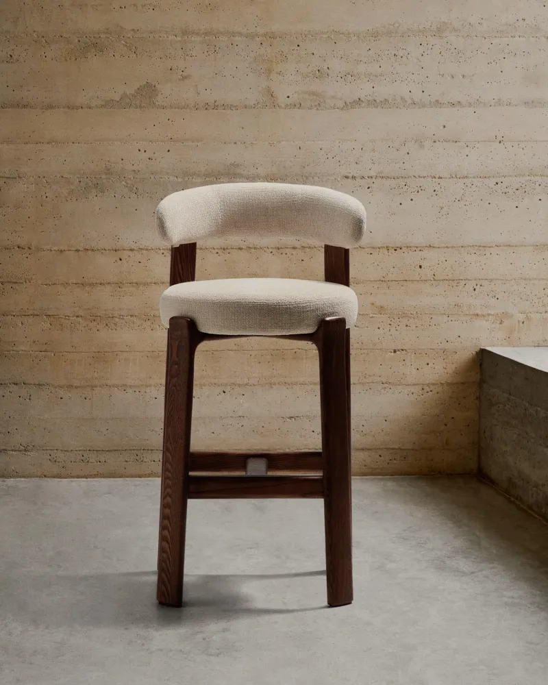 Sgabello granito fatto di beige chenille e legno di cenere solido con legno di noce