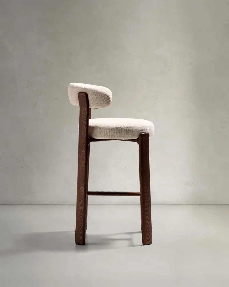 Sgabello granito fatto di beige chenille e legno di cenere solido con legno di noce