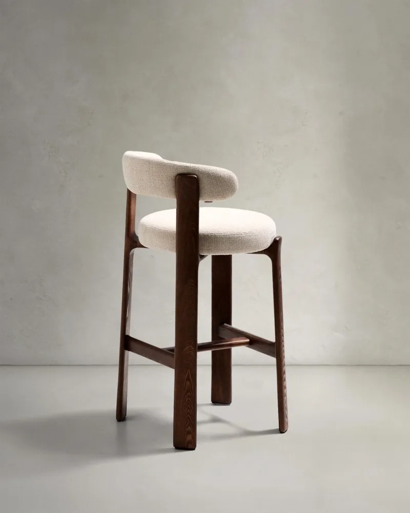 Sgabello granito fatto di beige chenille e legno di cenere solido con legno di noce