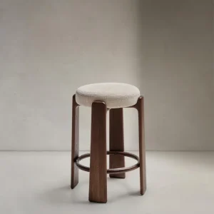 Sgabello granito fatto di beige chenille e legno di cenere solido con pinna colorata noce