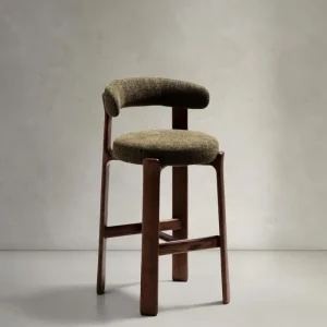 Sgabello granito fatto di chenille verde e legno di cenere massiccio con finitura legno di noce,