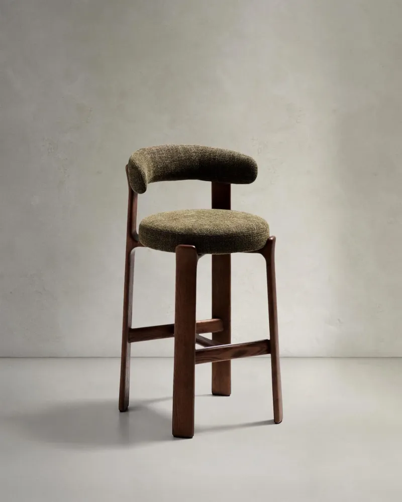 Sgabello granito fatto di chenille verde e legno di cenere massiccio con finitura legno di noce,