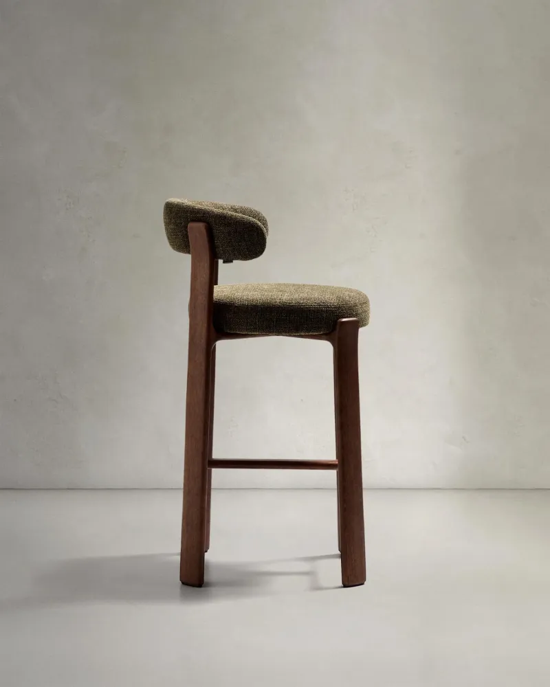 Sgabello granito fatto di chenille verde e legno di cenere massiccio con finitura legno di noce,