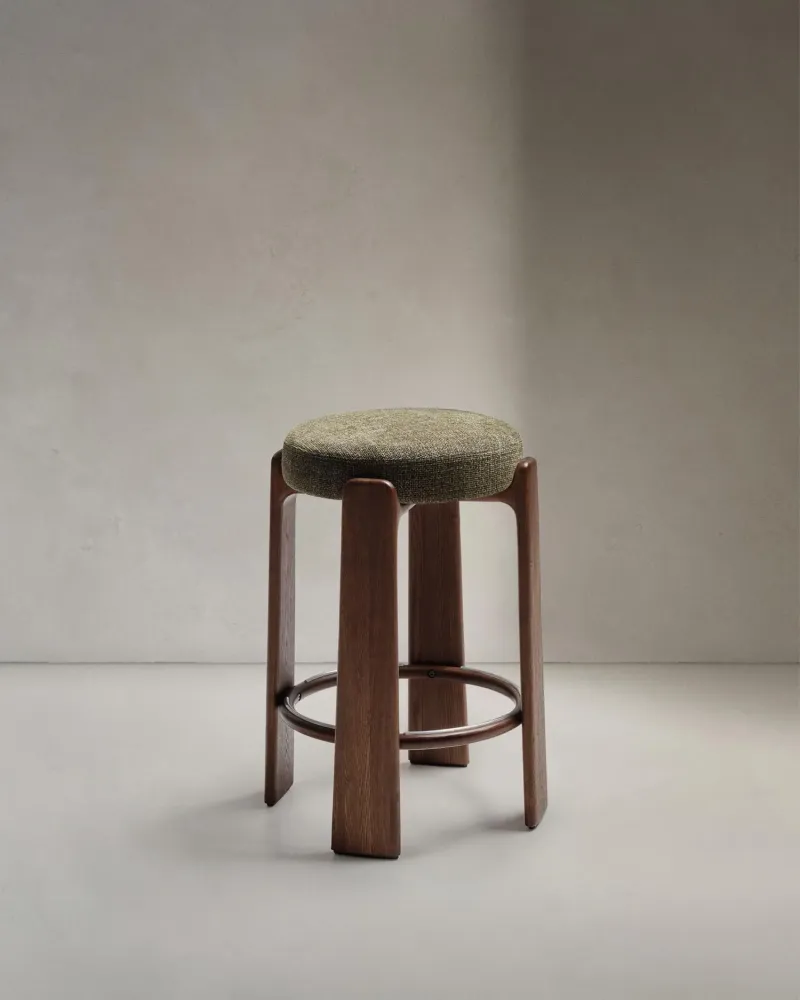Sgabello granito fatto di chenille verde e legno di cenere solido con finitura colorata di noce, FS