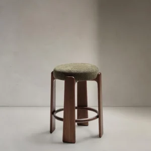 Sgabello granito fatto di chenille verde e legno di cenere solido con finitura colorata di noce, FS
