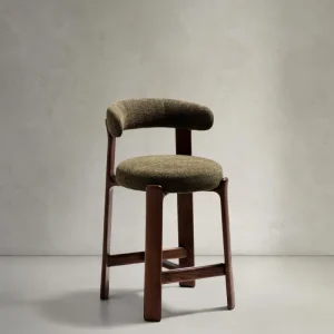 Sgabello granito fatto di chenille verde e legno di cenere massiccio con finitura legno di noce,