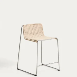 Sgabello impilabile Tavari corda sintetica beige e acciaio inox dall'aspetto spazzolato, 65 cm