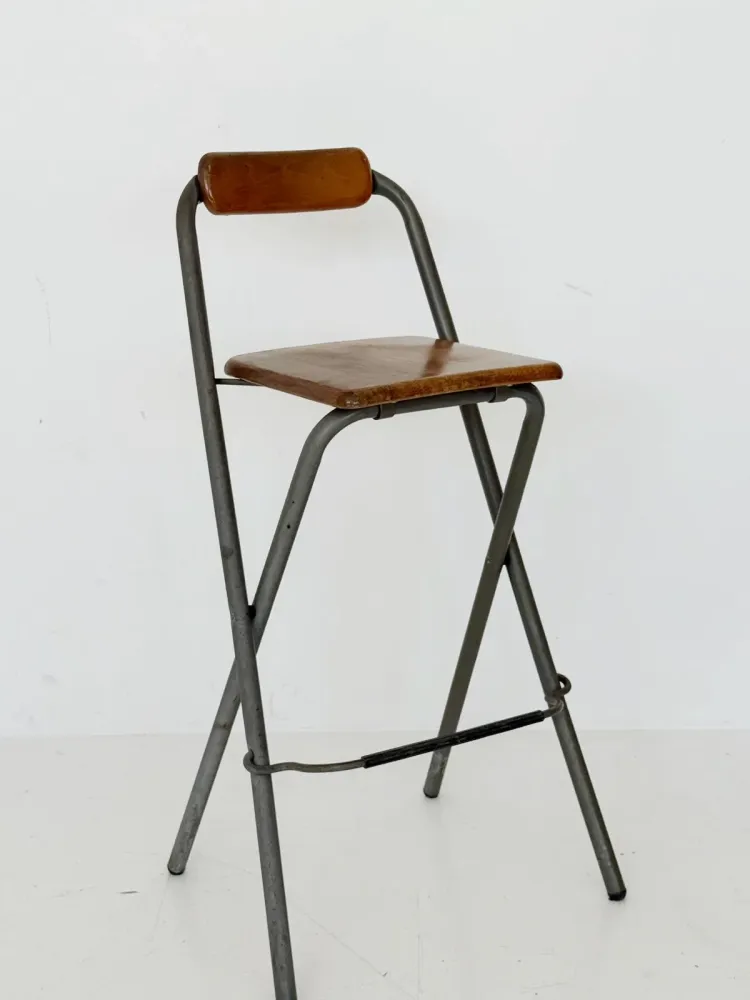 Sgabello pieghevole industriale legno e metallo, anni '80