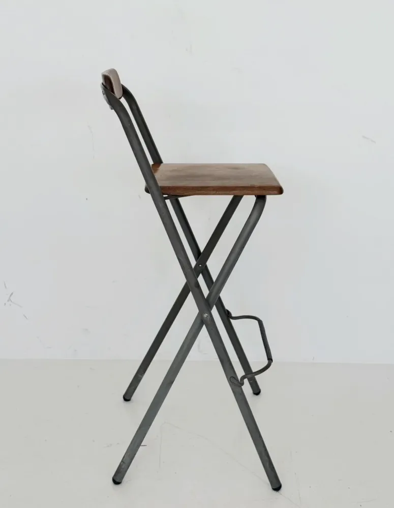 Sgabello pieghevole industriale legno e metallo, anni '80