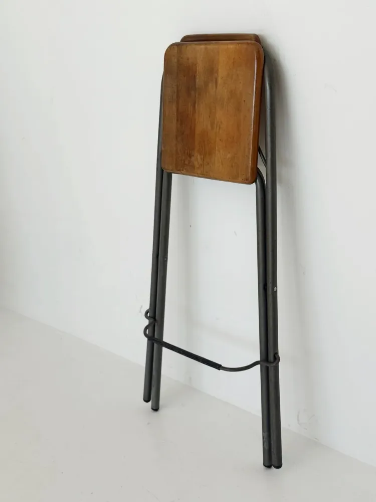Sgabello pieghevole industriale legno e metallo, anni '80