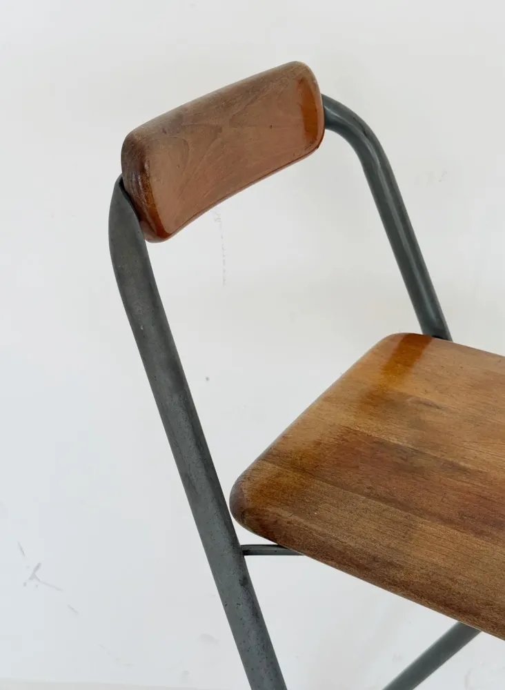 Sgabello pieghevole industriale legno e metallo, anni '80