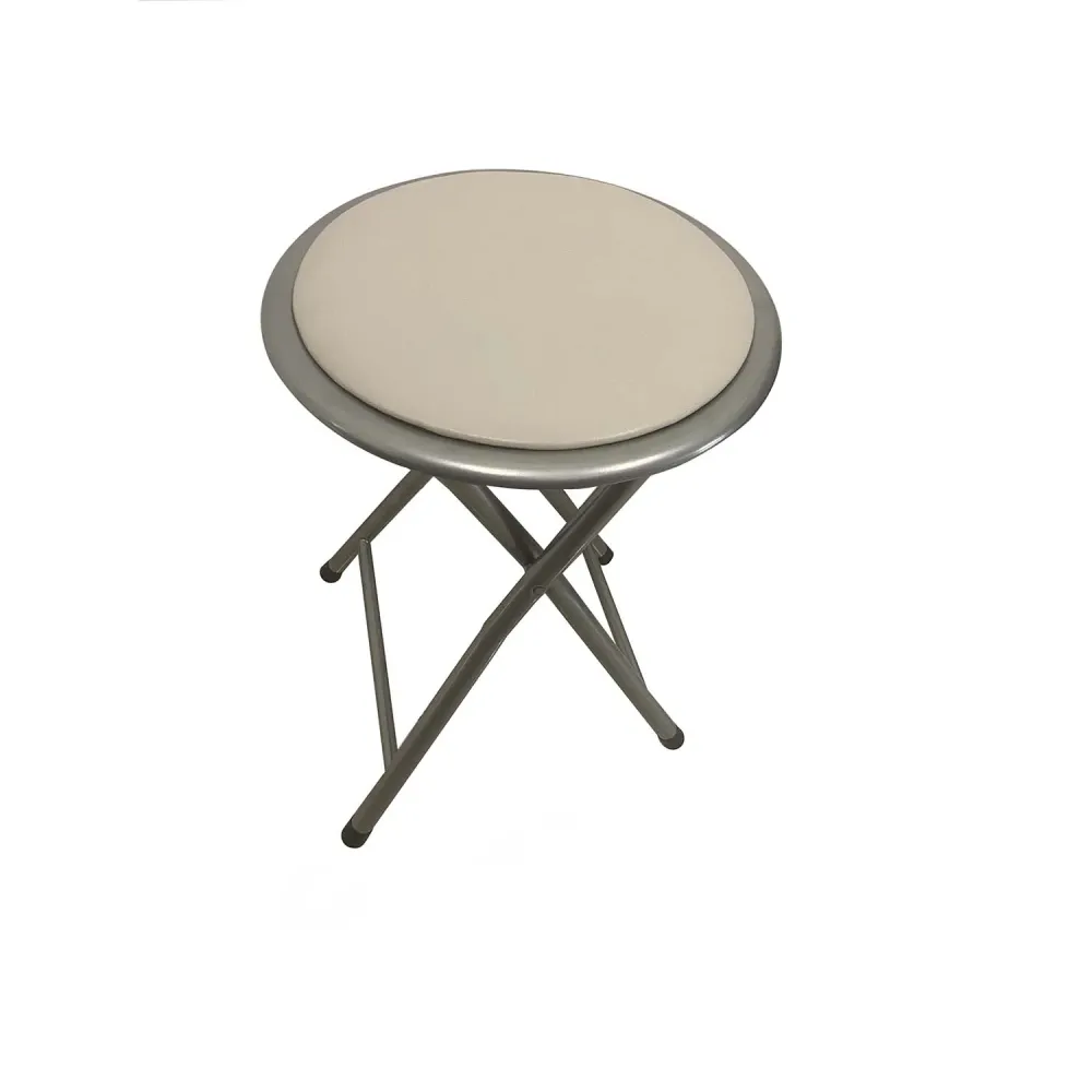 Sgabello pieghevole metallo tondo imbottito beige e argento
