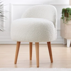 Sgabello pouf tessuto teddy colore bianco con gambe legno chiare e schienale cm 46x46x64h