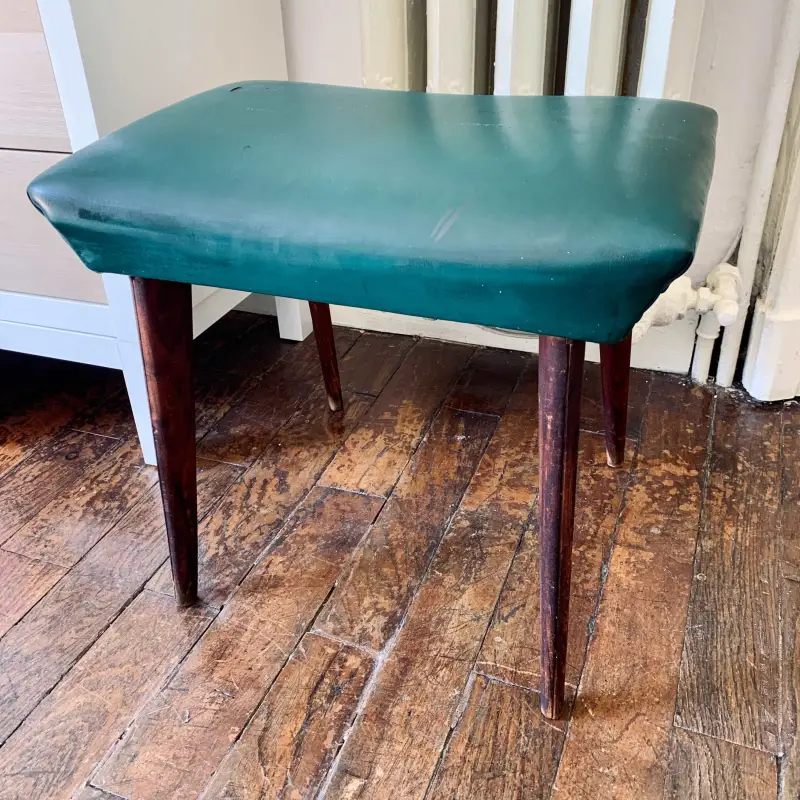 Sgabello vintage legno con seduta pelle verde petrolio - Italia 1960
