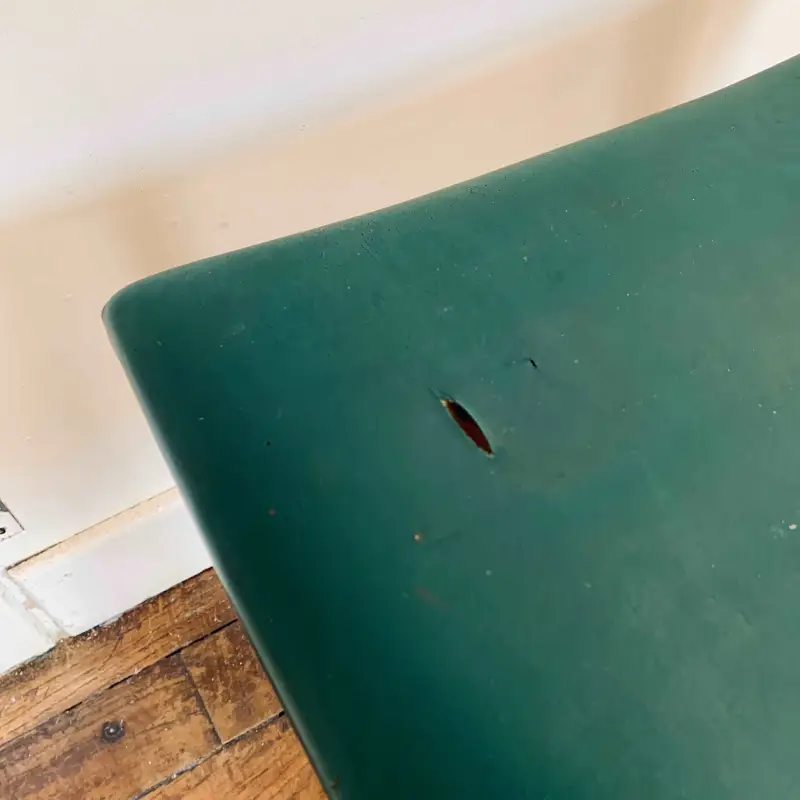 Sgabello vintage legno con seduta pelle verde petrolio - Italia 1960
