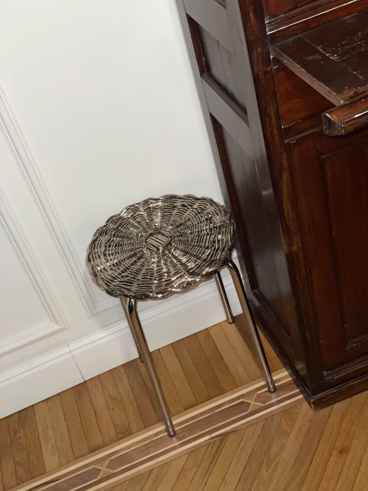 Sgabello/tavolino acciaio supermirror seduta intrecciata metal plated design esclusivo