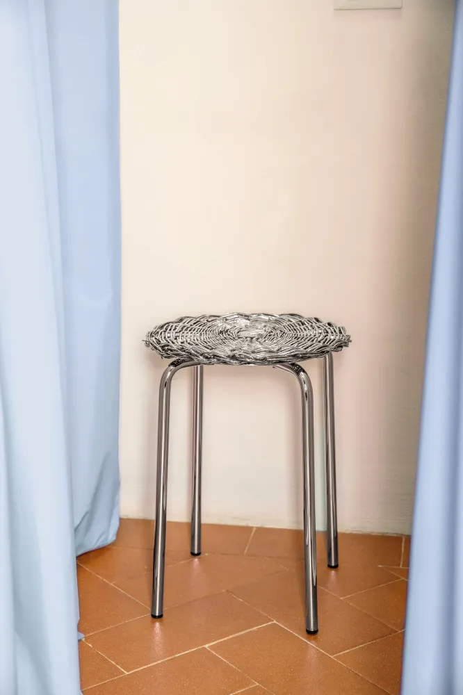 Sgabello/tavolino acciaio supermirror seduta intrecciata metal plated design esclusivo
