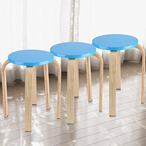 SKIESOAR - Sgabello rotondo, legno curvato, antiscivolo, impilabile, con 4 gambe, 45,5 x 30 cm Blu