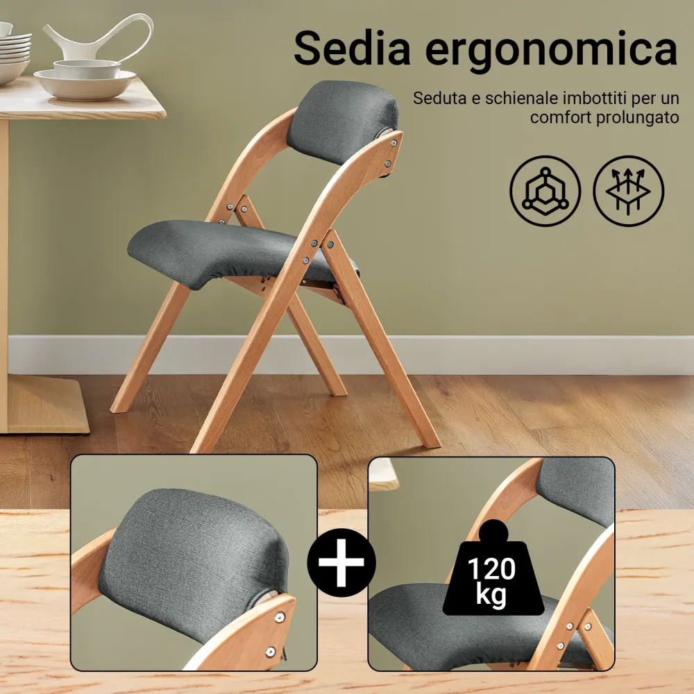 SoBuy FST92-SG Sedia da Pranzo Pieghevole con Seduta Imbottita - Set di Sedie con Cuscino per Sala da Pranzo Legno di Fagg...