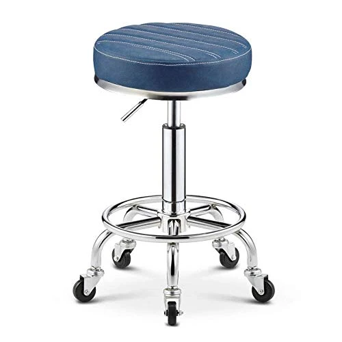 SXRDZ Bar Sgabello con rotelle, Spa Sgabello con Blue PU Sedile Pelle Sintetica, Altezza Regolabile 45-55 cm, Peso 160 kg...