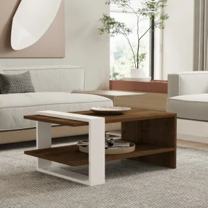 Tavolino da caffè design 2 ripiani colore noce e bianco cm 80x50x35h