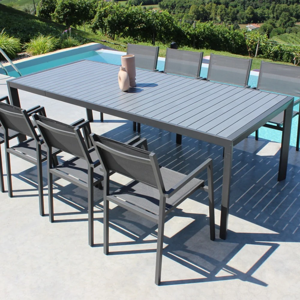 Tavolo allungabile alluminio antracite effetto legno 190/250x100 cm per esterno design moderno e robusto