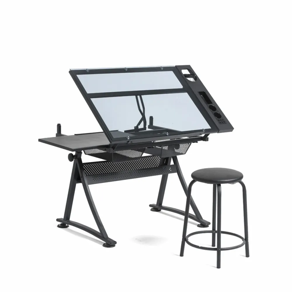 Tavolo da disegno Lykke con piano vetro e sgabello