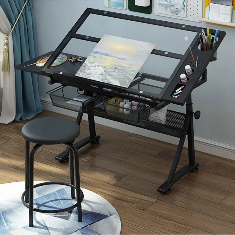 Tavolo da disegno Lykke con piano vetro e sgabello