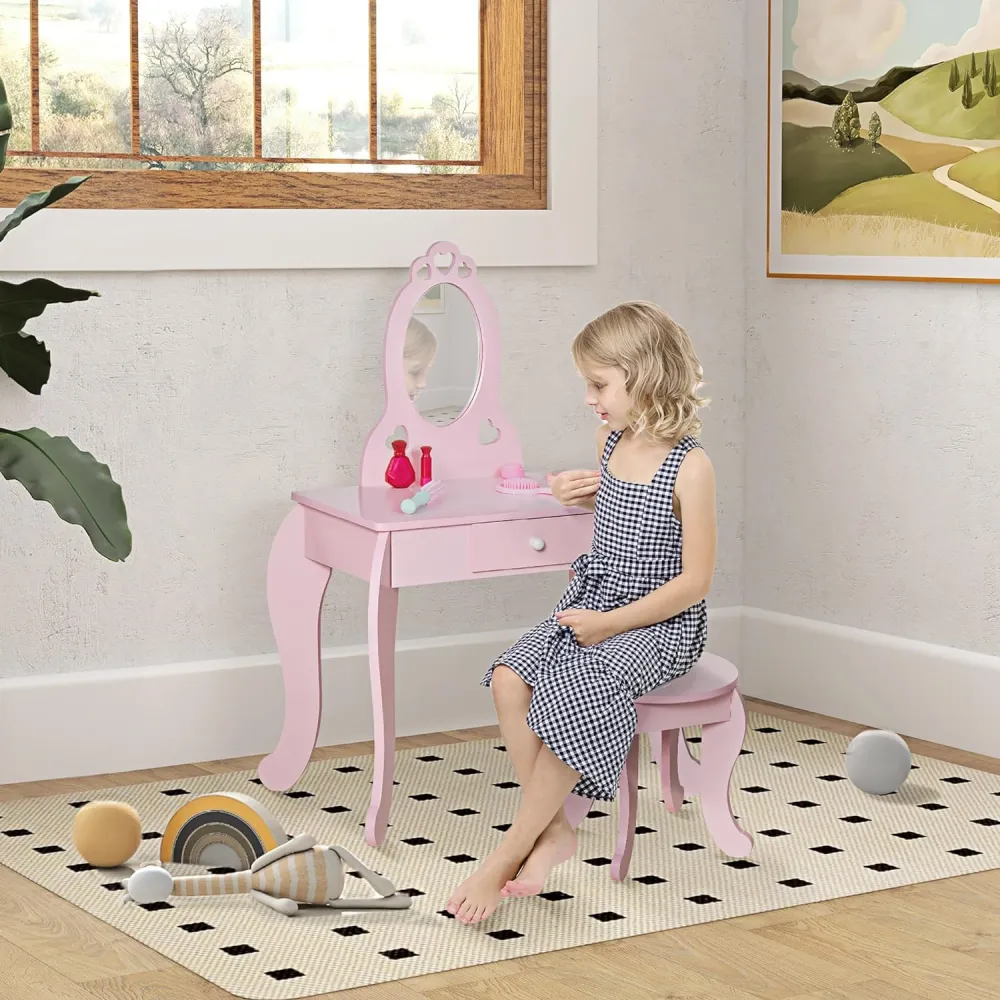 Tavolo Trucco per Bambini, Sgabello Legno, Toeletta con Specchio 60x36x88cm, (Rosa)