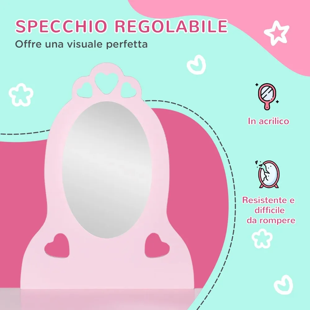 Tavolo Trucco per Bambini, Sgabello Legno, Toeletta con Specchio 60x36x88cm, (Rosa)